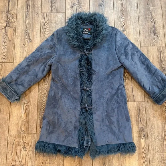 North Legend Faux Shearling Coat Boho Toggle Fur Trim Embroidered - Picture 2 of 14
